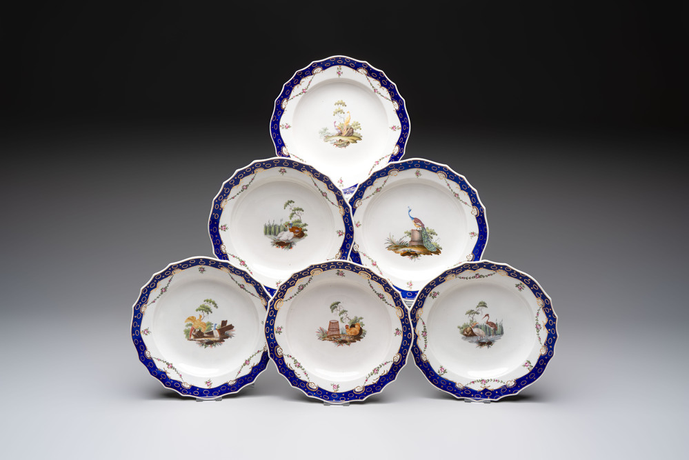 A set of six The Hague-decorated Tournai porcelain plates with birds, last quarter 18th C.