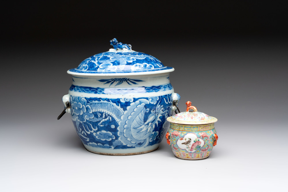 A Chinese blue and white and a famille rose 'kamcheng' bowl and cover for the Straits or Peranakan market, 19th C.