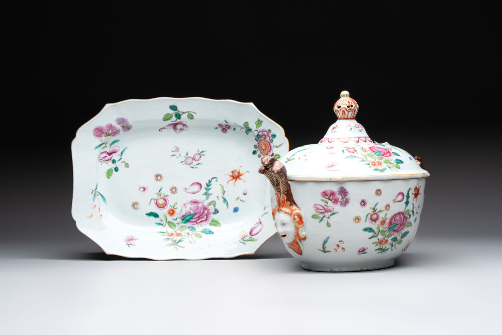 A Chinese famille rose 'mascarons' tureen and cover on stand with floral design, Qianlong
