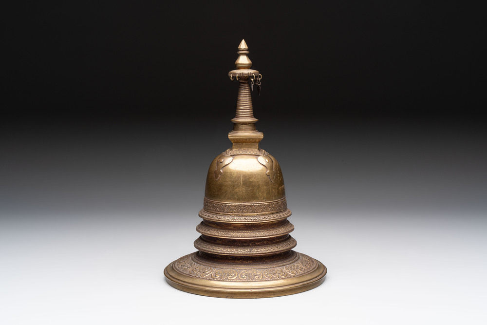 A Burmese reliquary bronze stupa, 19th C.