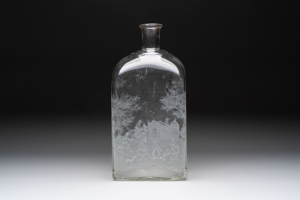 A large engraved glass 'hunting scene' flask, Southern Germany, 18th C.