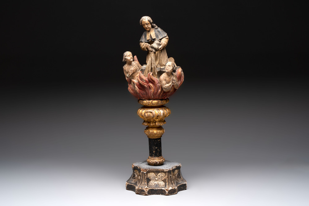 A polychrome wooden processional sculpture depicting purgatory, Germany, 17/18th C.