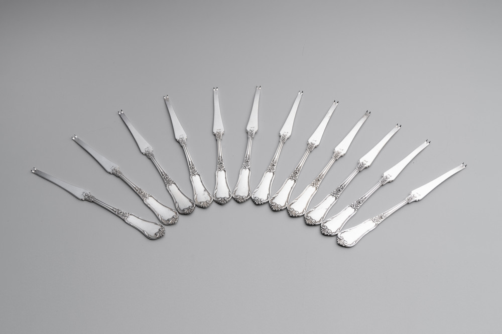 A set of 12 silver crustacean forks, 835/000, Wolfers Fr&egrave;res, Brussels, 20th C.