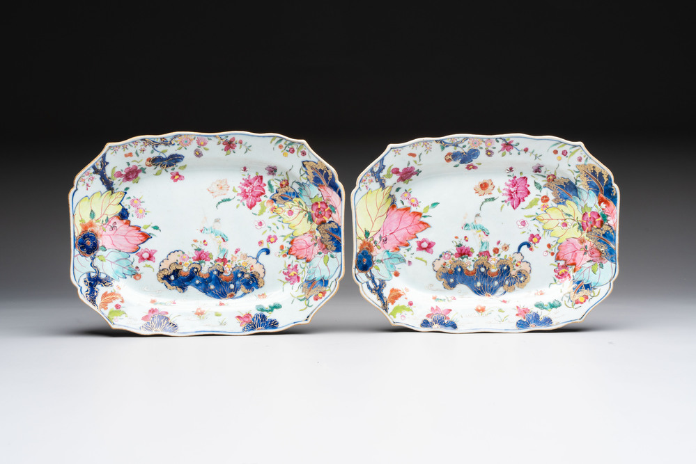 A pair of Chinese famille rose 'tobacco leaf' dishes with a lady on a lily pad, Qianlong