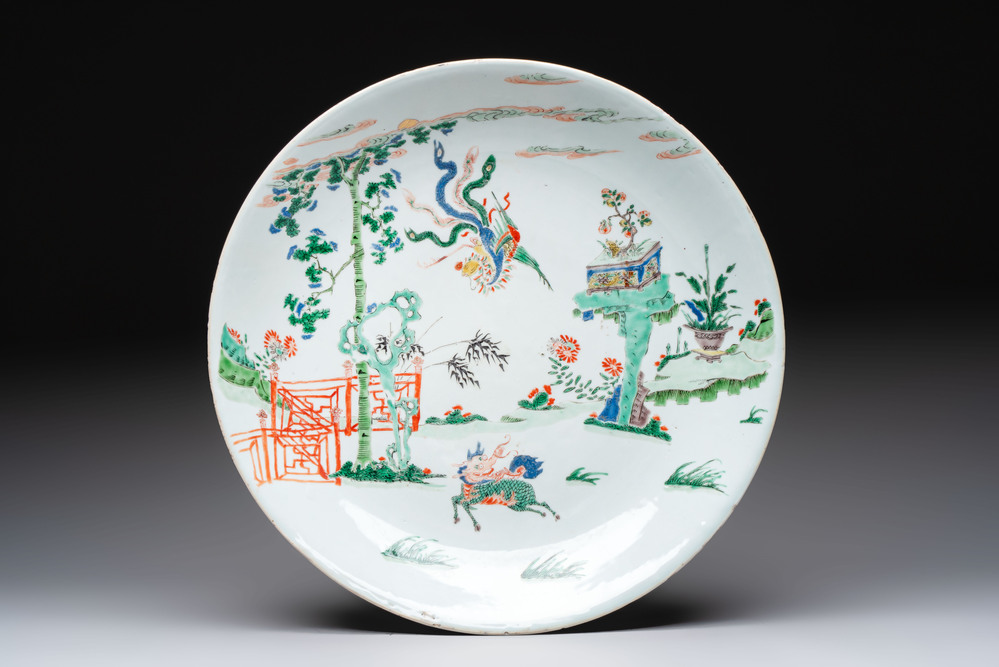 A large Chinese famille verte 'qilin and phoenix' dish, Kangxi