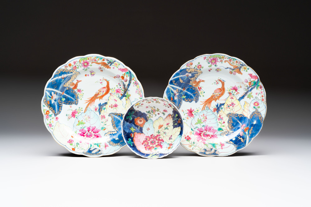 A pair of Chinese famille rose 'tobacco leaf' plates and a saucer, Qianlong