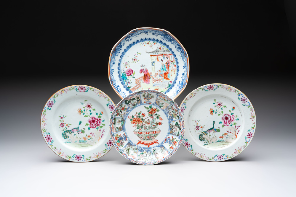 Three Chinese famille rose plates and a famille verte lobed plate, Kangxi/Qianlong