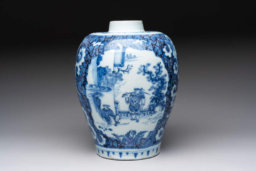 A blue and white Dutch Delft Transitional style chinoiserie vase, late 17th C.