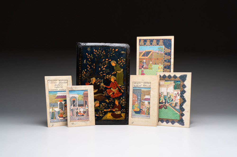 Five Persian miniatures and a lacquered book cover, Qajar, Iran, 19th C.