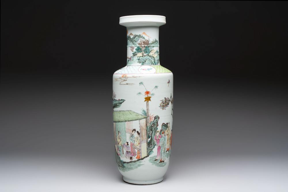 A fine Chinese famille rose 'Qi Guan Xun Mu 棄官尋母' rouleau vase, Qianlong mark, 19th C.