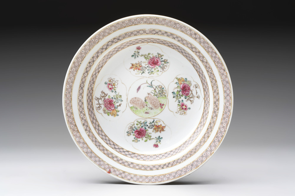A fine Chinese famille rose eggshell porcelain 'quails' plate, Yongzheng