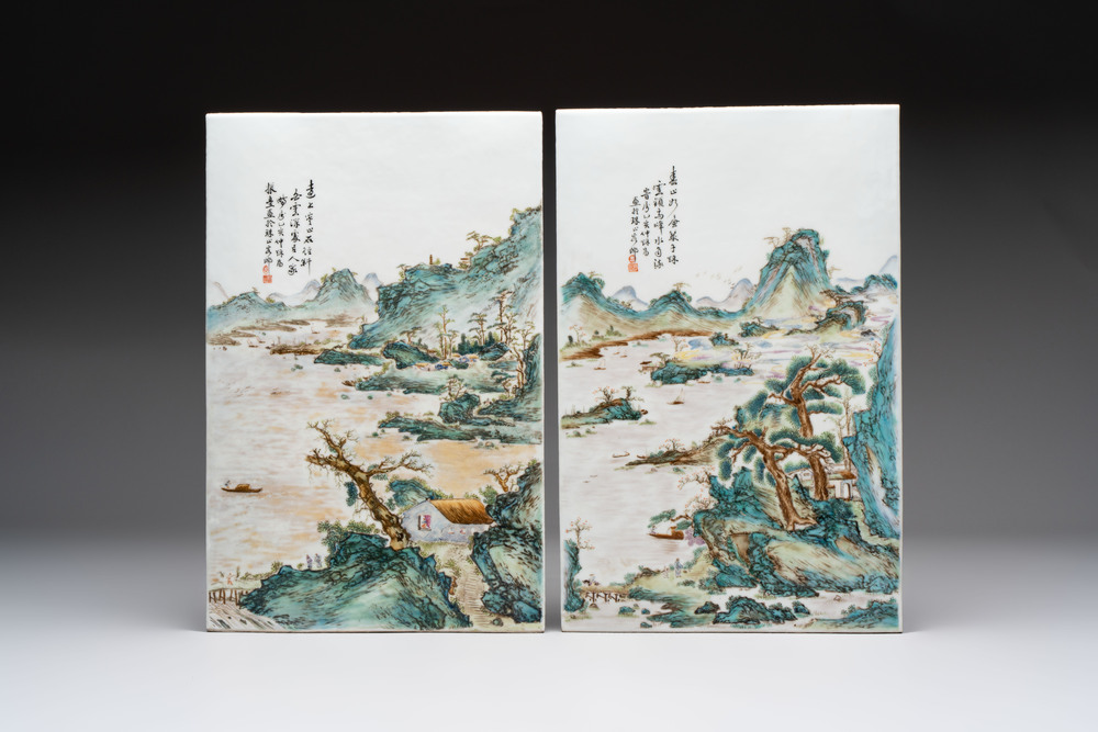 A pair of Chinese famille rose 'landscape' plaques, signed Zhen Feng 振豐, dated 1899