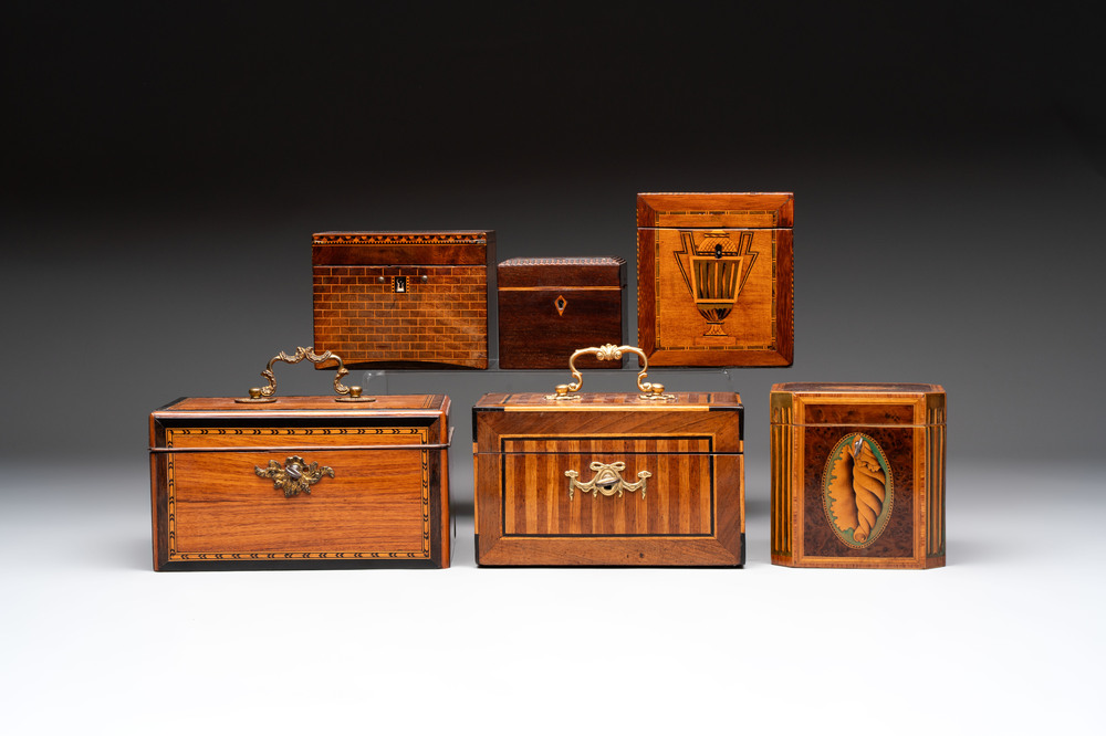 A group of six wooden tea caddies with inlaid decoration, The Netherlands, 18th C.