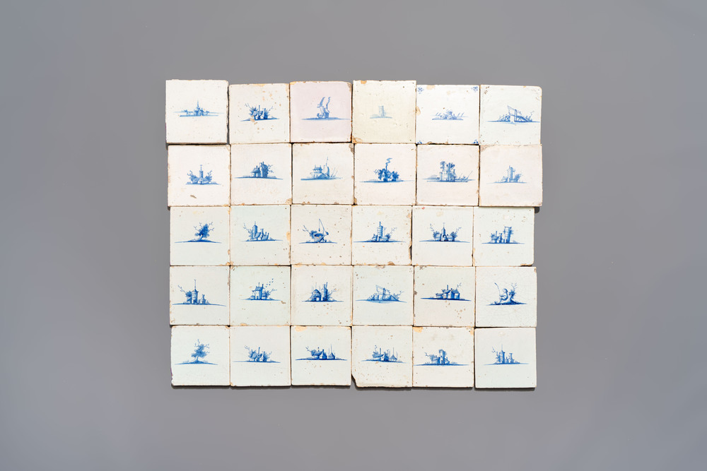 30 blue and white Dutch Delft tiles without corner motif, late 17th C.