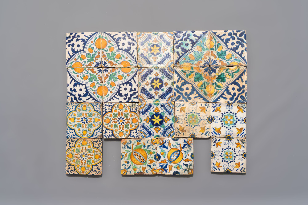 19 polychrome Dutch Delft 'floral ornament' tiles, ca. 1600