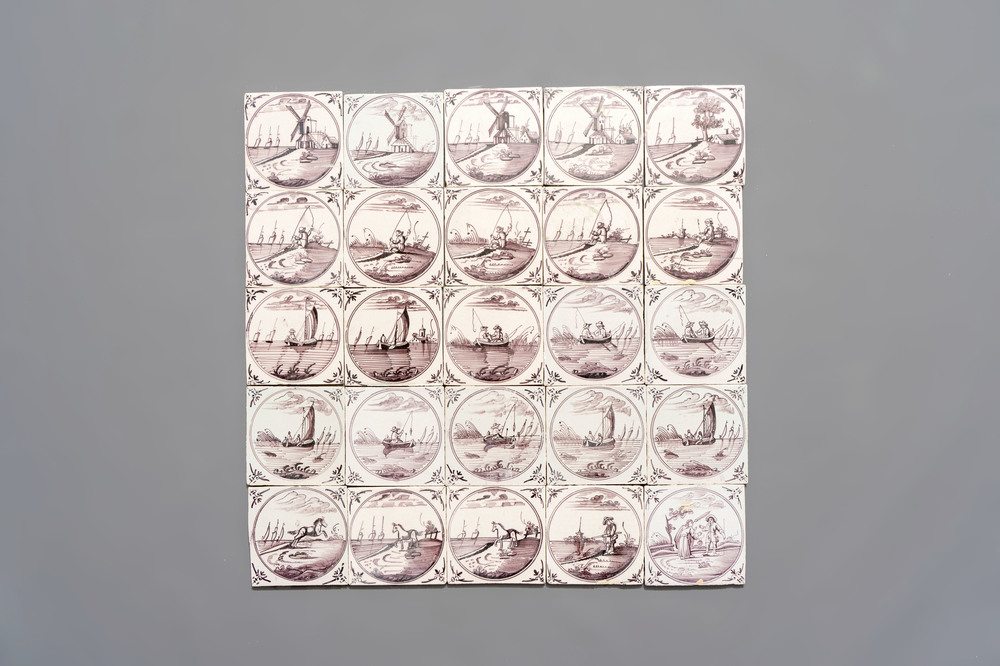 25 manganese Dutch Delft 'circle' tiles, 18th C.