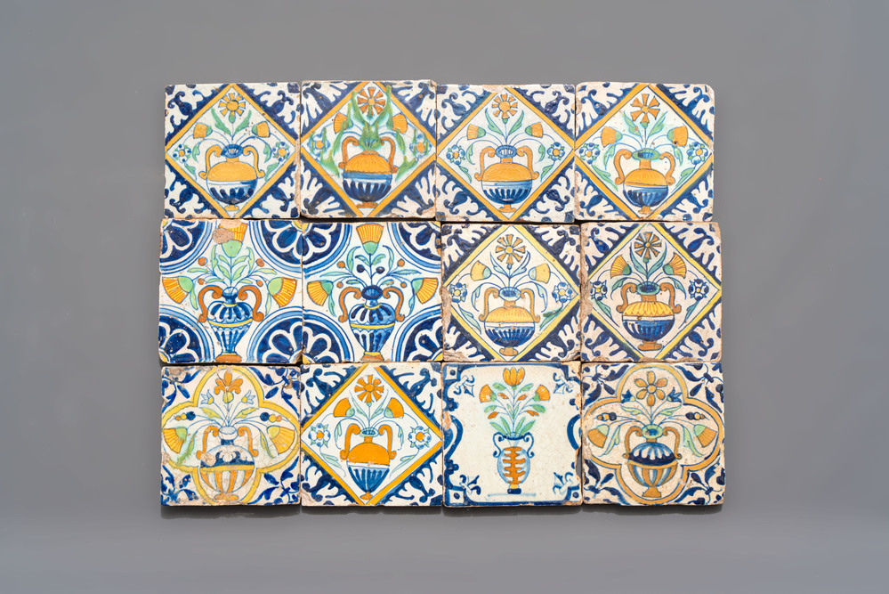 12 polychrome Dutch Delft 'flower vase' tiles, ca. 1600