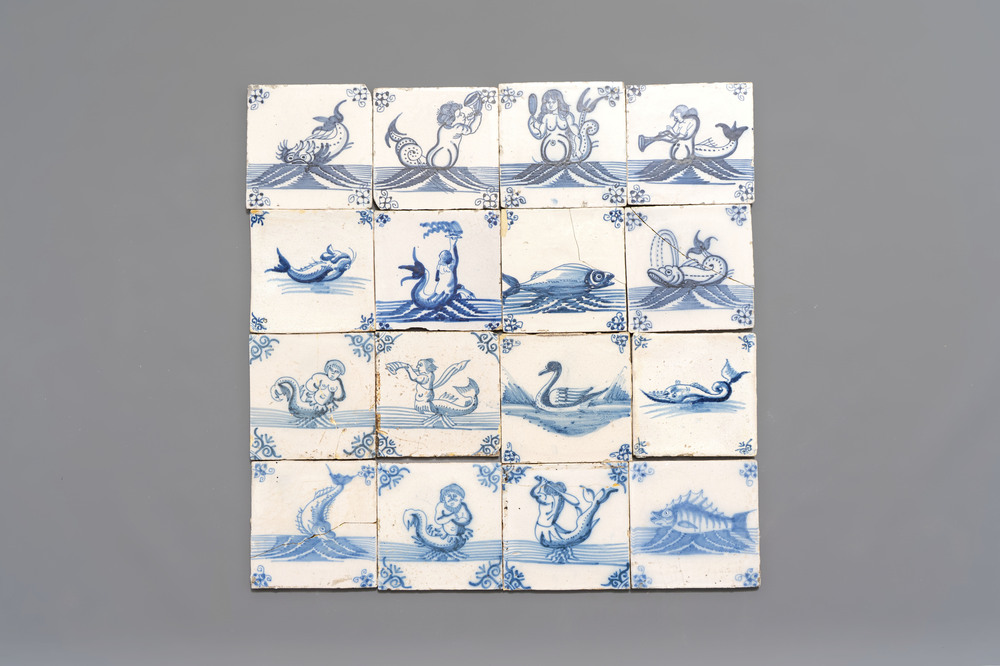 16 blue and white Dutch Delft 'sea creature' tiles, 18th C.