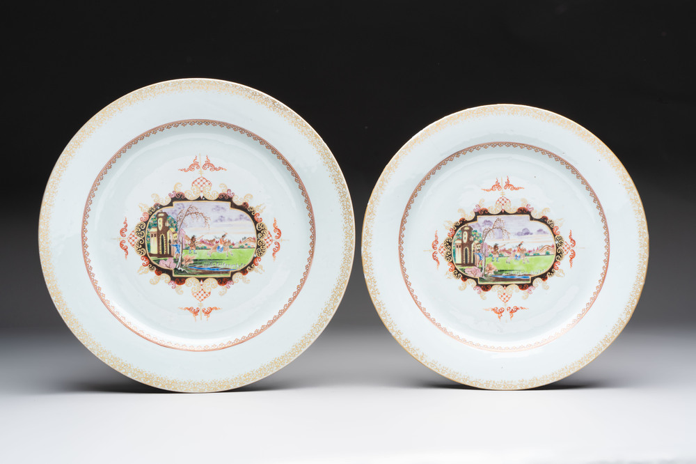 Two large Chinese Meissen-style export dishes with a hunting scene, Qianlong