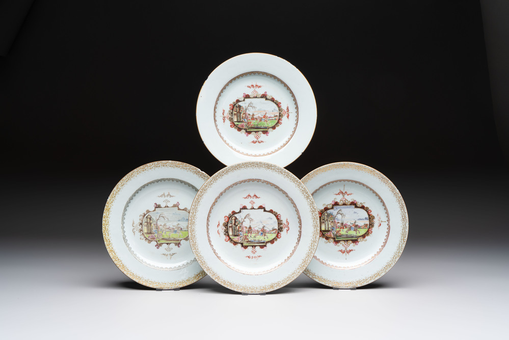 Four Chinese Meissen-style export plates with a hunting scene, Qianlong