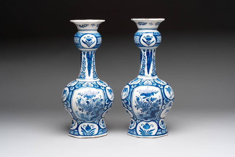 A pair of blue and white Dutch Delft vases with floral design, 18th C.