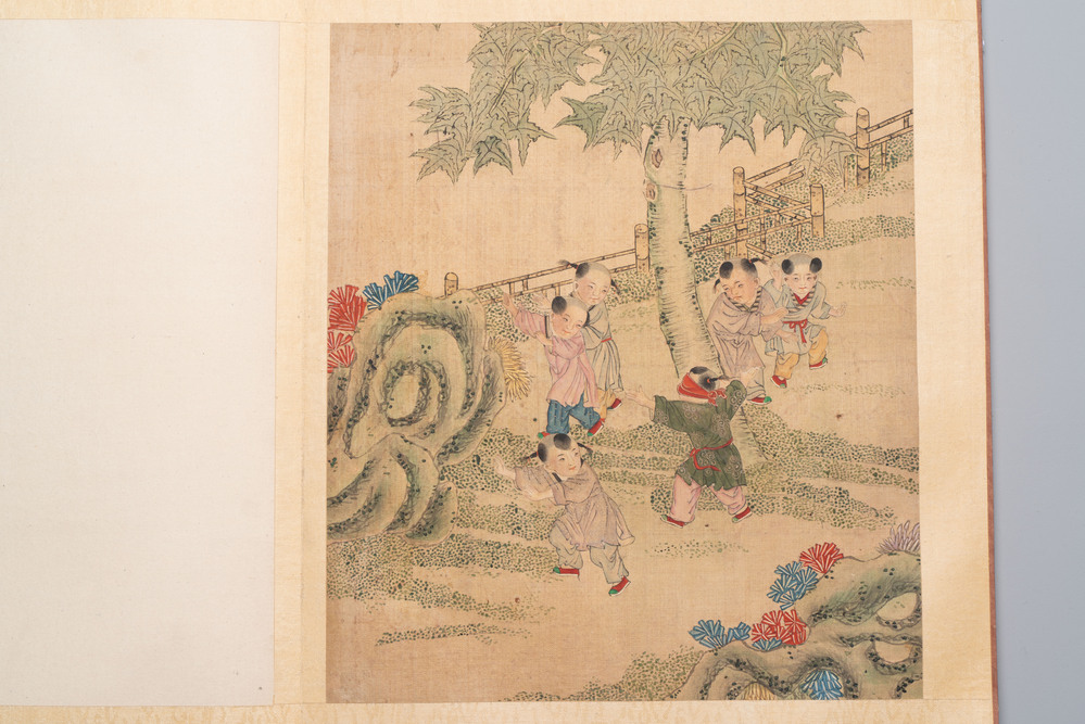 An album of 12 'playing boys' paintings, ink and colour on silk, China, 19th C.
