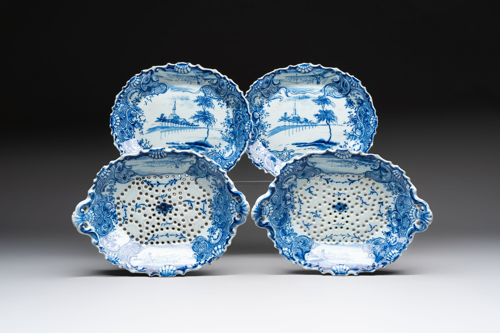 Two blue and white Dutch Delft strawberry strainers on stands, 18th C.