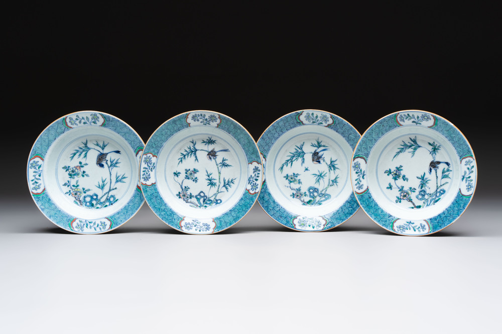 Four Chinese doucai plates with birds among bamboo and floral design, 18th C.