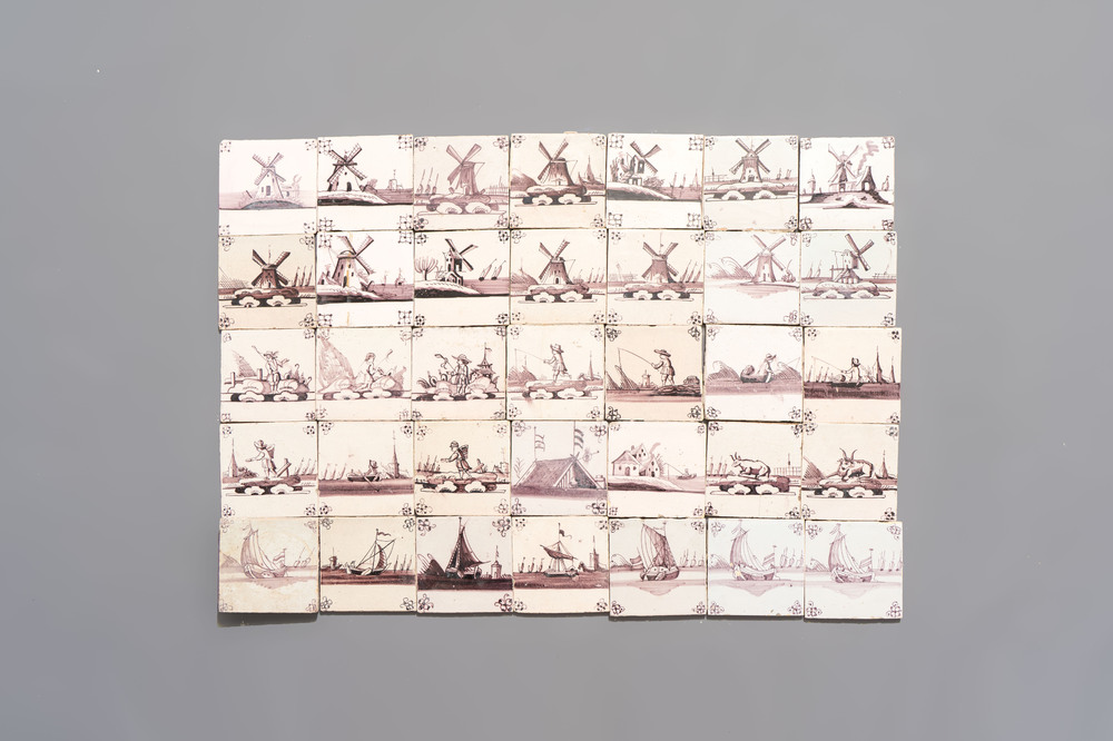 35 manganese Dutch Delft tiles, 18/19th C.