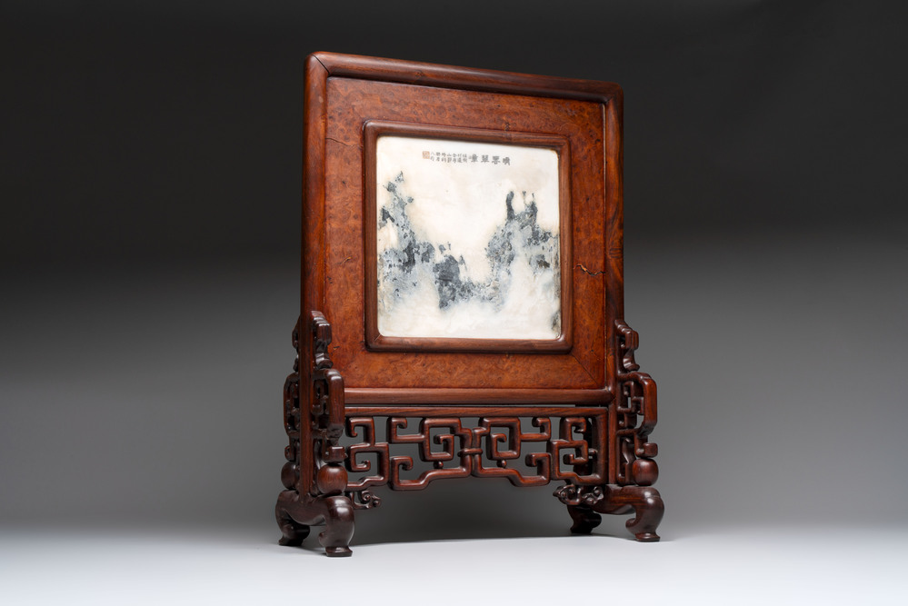 A Chinese 'dream stone' and hongmu table screen, 19/20th C.