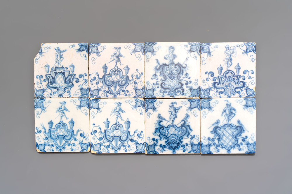 Eight blue and white Dutch Delft 'cartouche' tiles, Aalmis, Rotterdam, 18th C.