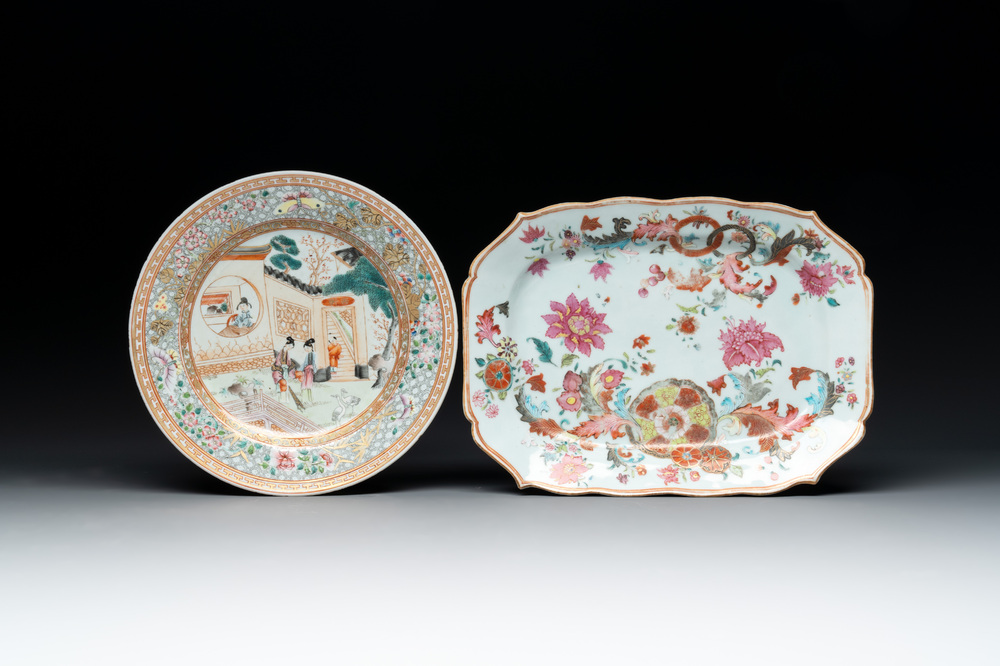 A Chinese famille rose plate with figures in a garden and a 'pseudo-tobacco leaf' dish, Qianlong and later