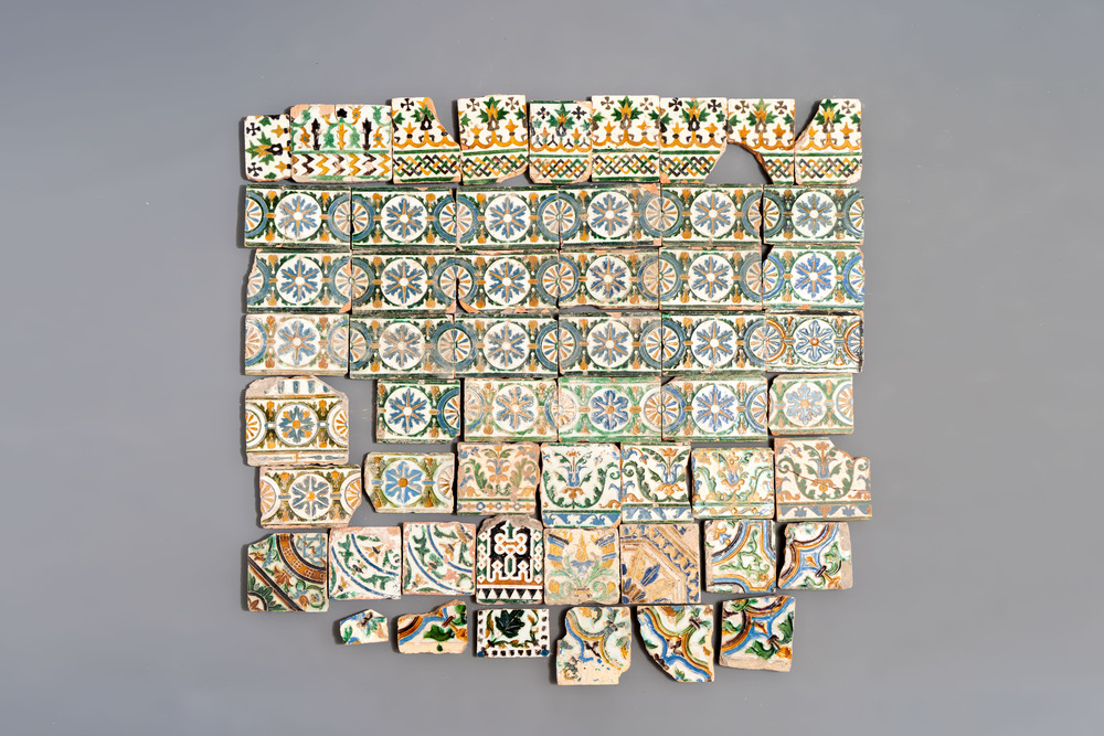 54 various polychrome Spanish tiles and fragments, mainly Toledo, Spain, 15/16th C.