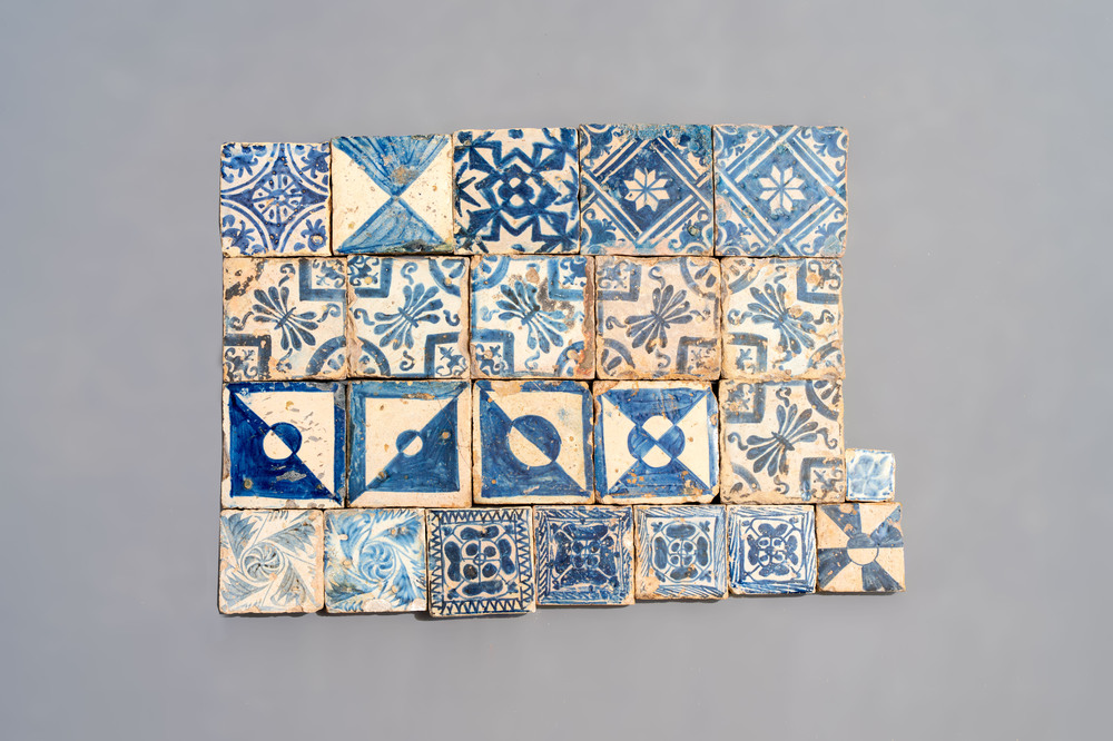 A varied collection of 23 blue and white tiles, Spain and Portugal, 15/17th C.