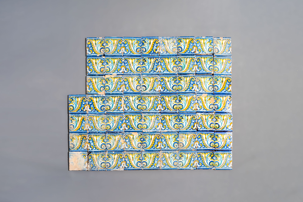 A collection of 60 polychrome 'Palmette' tiles, Spain or Portugal, 17th C.