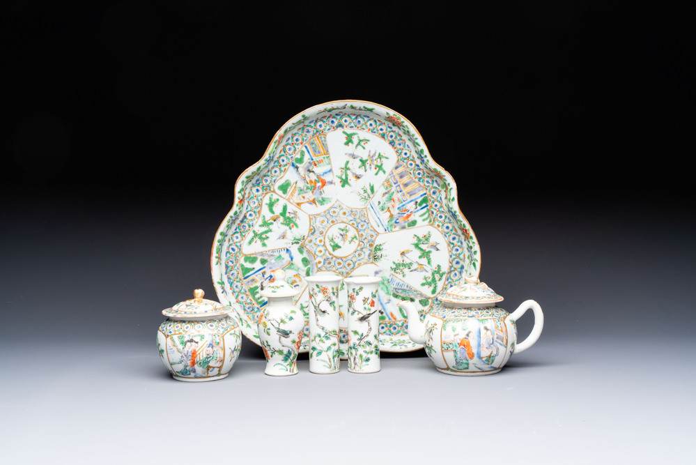 A Chinese Canton famille verte three-piece tea service and three vases, 19th C.