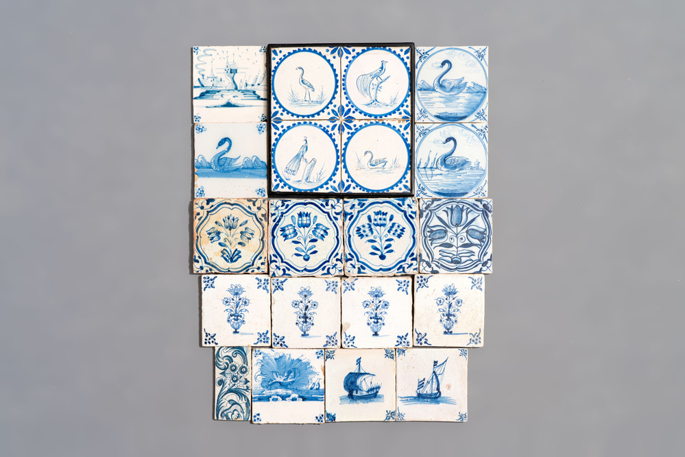 20 blue and white Dutch Delft tiles, 17/19th C.