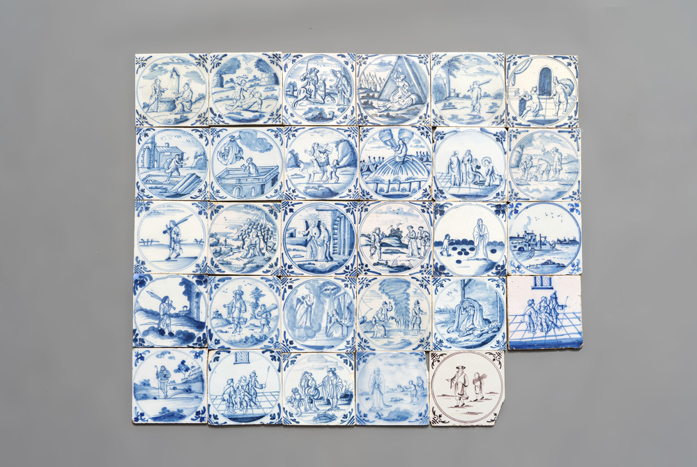29 manganese, blue and white English Delftware tiles, Liverpool or Bristol, 18th C.