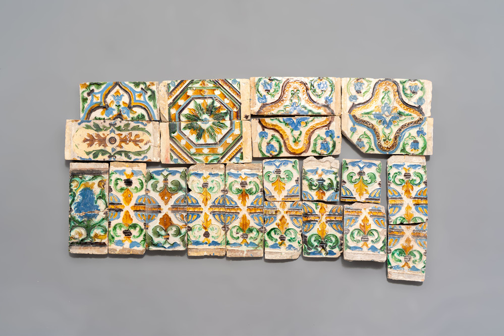 21 polychrome ceiling tiles and fragments, Spain, 15/16th C.