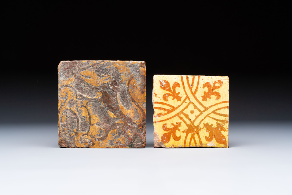 Two medieval slip-decorated tiles, Flanders, 15/16th C.