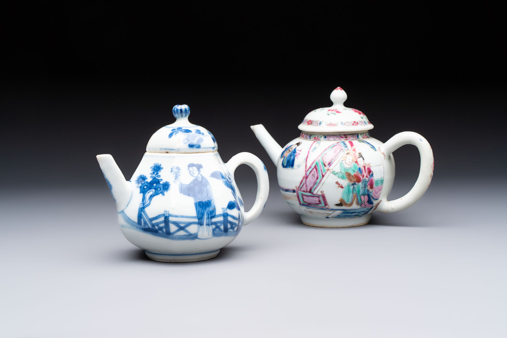 A Chinese famille rose 'Feng Yi Ting 鳳儀亭' teapot and a blue and white teapot with figural design, Yongzheng
