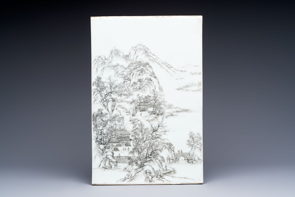 A Chinese grisaille 'mountainous landscape' plaque, 19th C.
