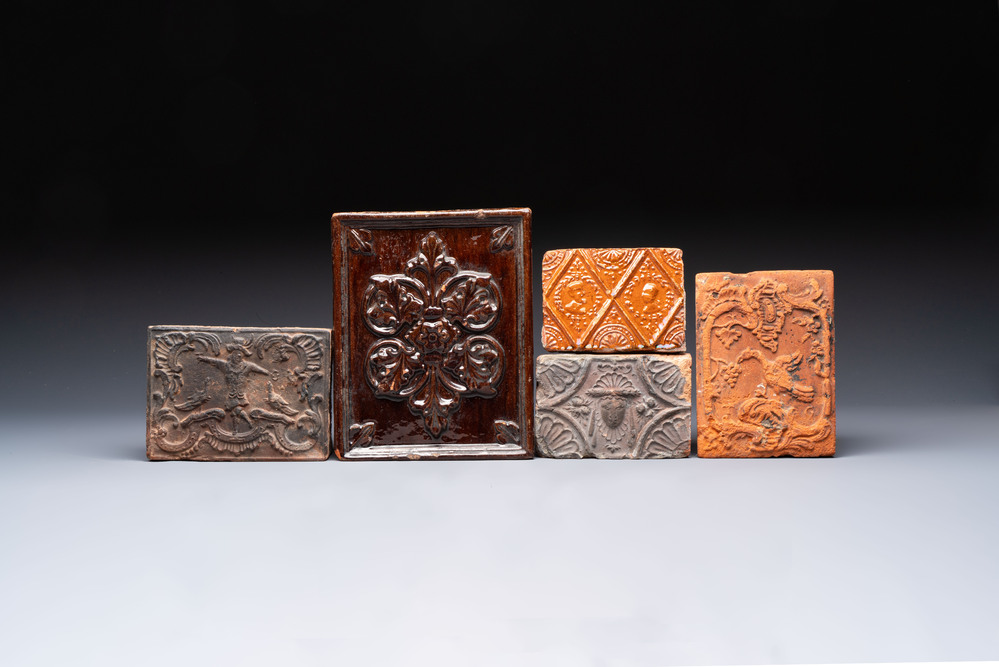 Five various European stove tiles, 18/19th C.