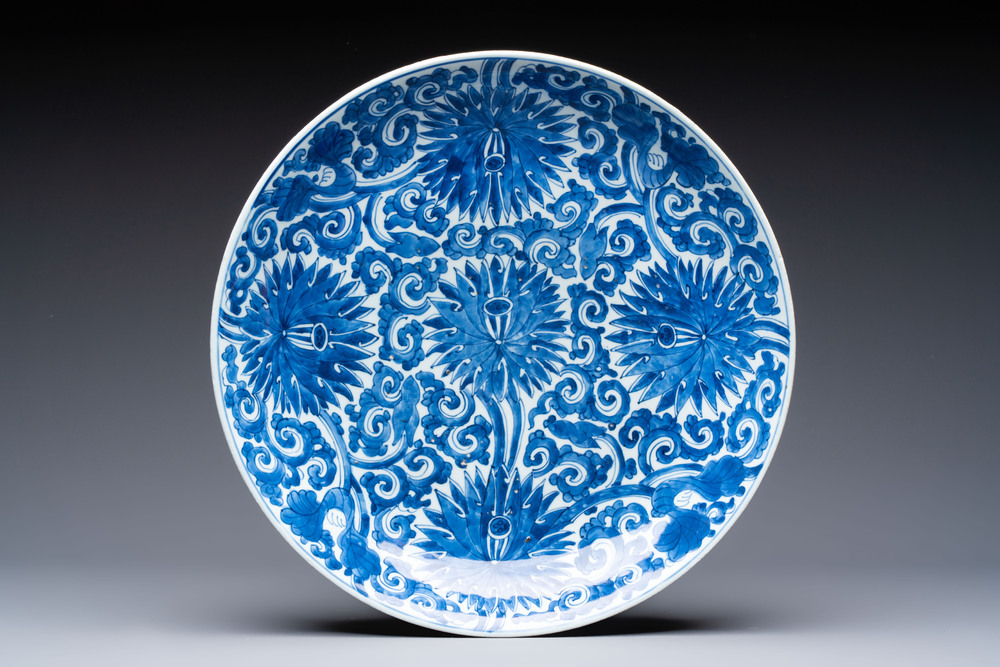 A Chinese blue and white 'lotus' dish, lozenge mark, Kangxi