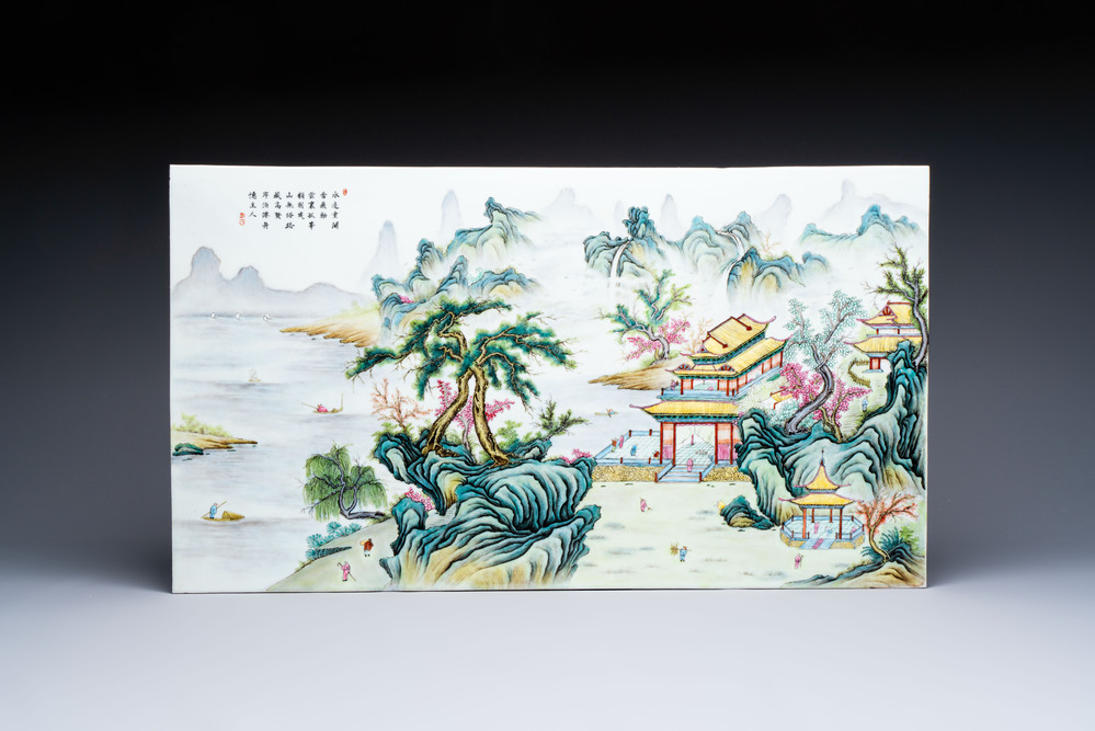 A massive Chinese famille rose 'mountainous landscape' plaque, 20th C.