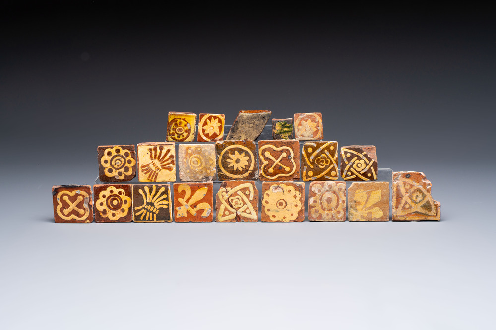 21 medieval and post-medieval slip-decorated tiles, France and Flanders, 15/18th C.