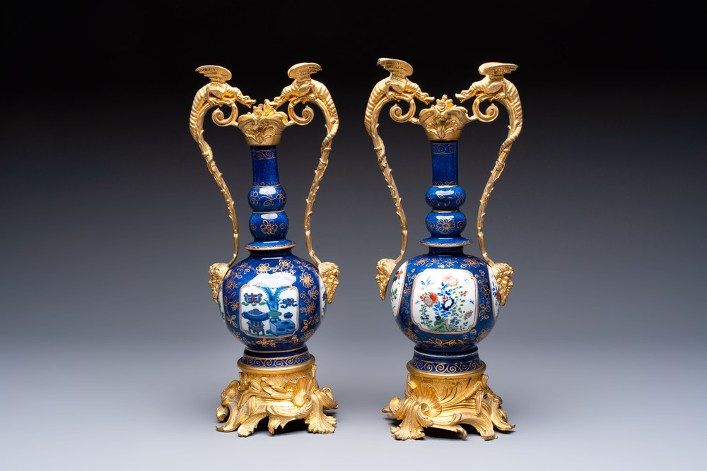 A pair of gilt-bronze-mounted Chinese famille verte powder-blue-ground double gourd vases, 19th C.