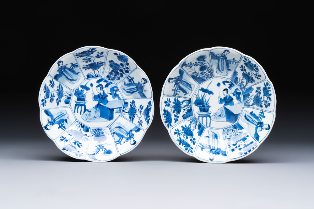 A pair of Chinese blue and white flower-shaped 'Long Eliza' plates, jade mark, Kangxi