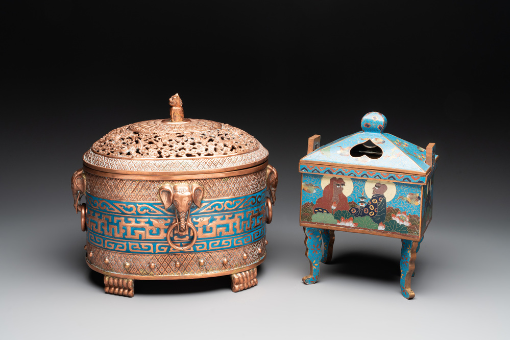 A Chinese archaistic enamelled copper 'elephant' censer with cover and a cloisonn&eacute; 'Luohan' censer with cover, 20th C.