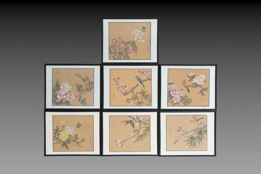 Seven Chinese school paintings: 'Flowers with birds and butterflies', ink and colour on silk, various signatures, 20th C.